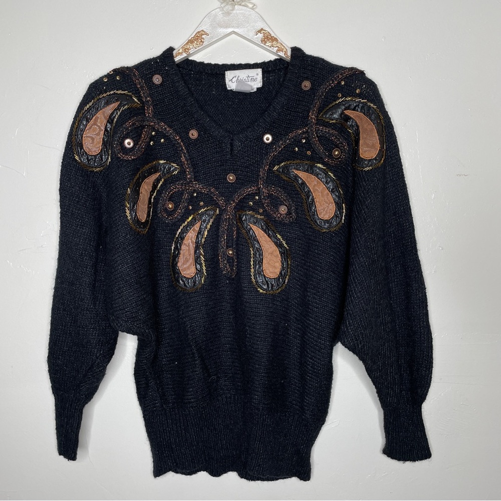 1980s TACKY BLACK & BRONZE BEADED SEQUIN RETRO STYLE KNIT SWEATER SZ M
